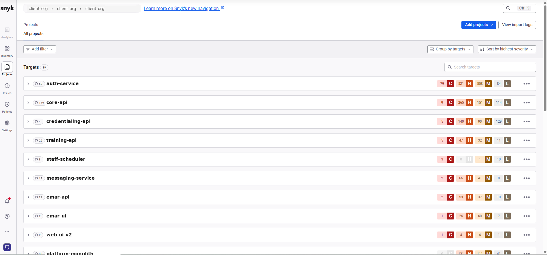 Snyk Initial Vulnerability Baseline Scan